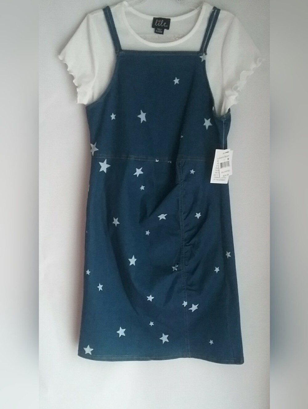 lilt White Tee with Dark Blue Star Denim Pinafore